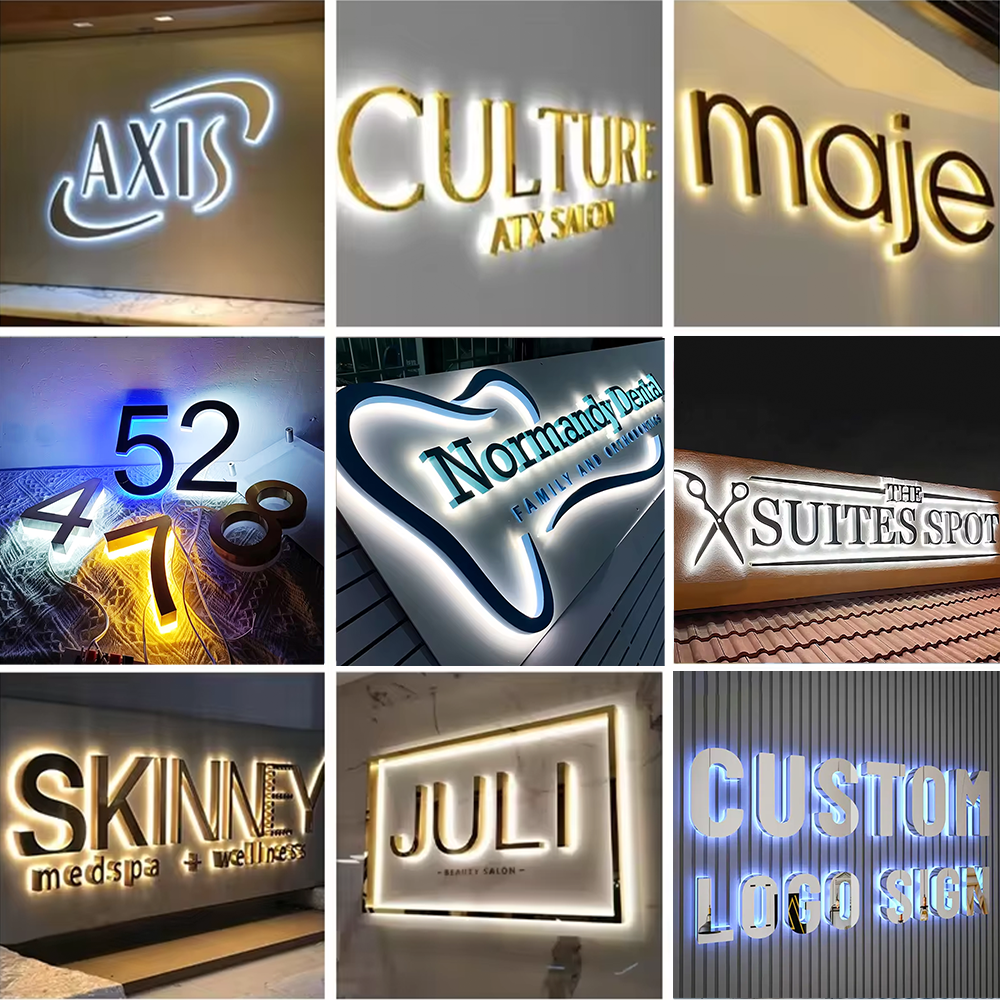 Personalized Logo 3D Metal Backlit Signs – Stainless Steel Business Signs for Offices, Storefronts, Receptions, and Salons