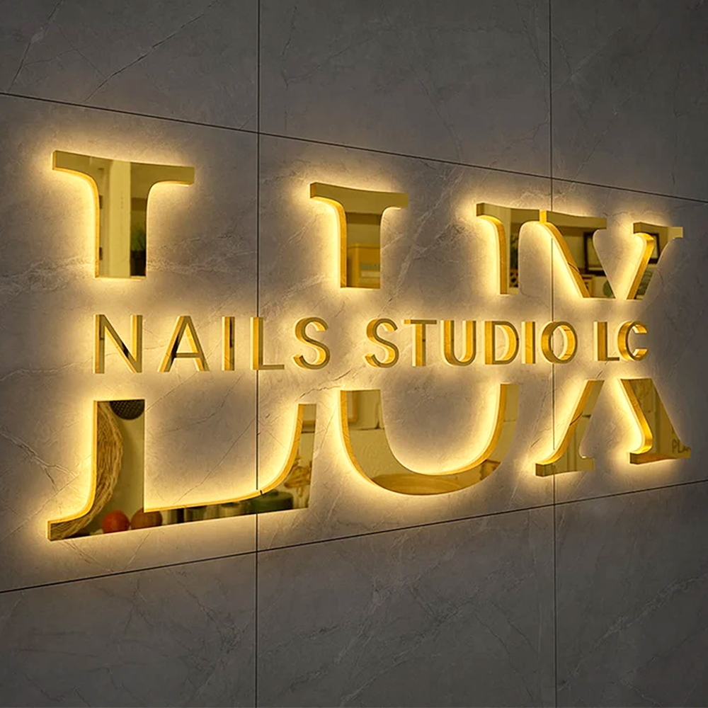 Gold LED 3D Stainless Steel Backlit Channel Letters, Custom Advertising 3D Metal Backlit Signs For Business, Storefronts, Salons