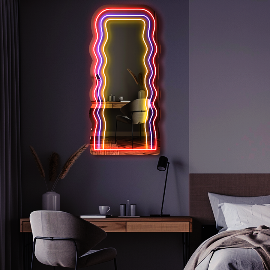 Wavy LED Mirror Neon Sign - Rainbow Mirror For salon, spa, bar, beauty shop and business space